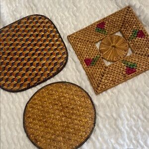 Set of Three Woven kitchen trivets mid century